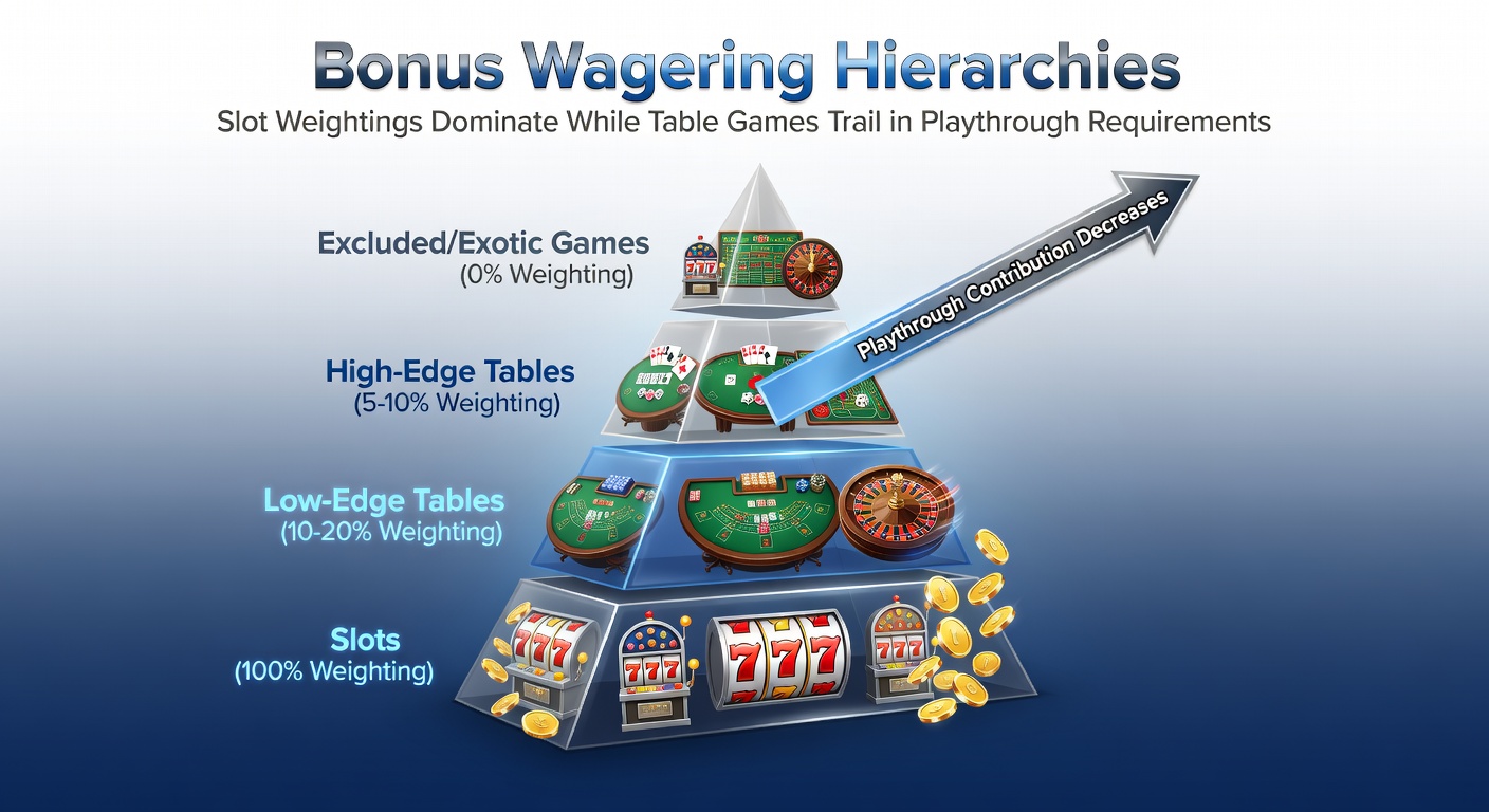 Grafiek die de hiërarchie van bonusbijdragen illustreert, met slots op 100% en tafelspellen lager
