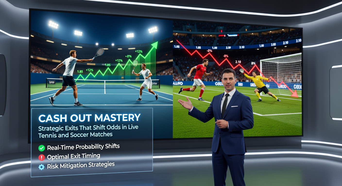 Voetbalstadion vol fans tijdens een spannende live match, cash out interface op scherm met dalende odds na een goal