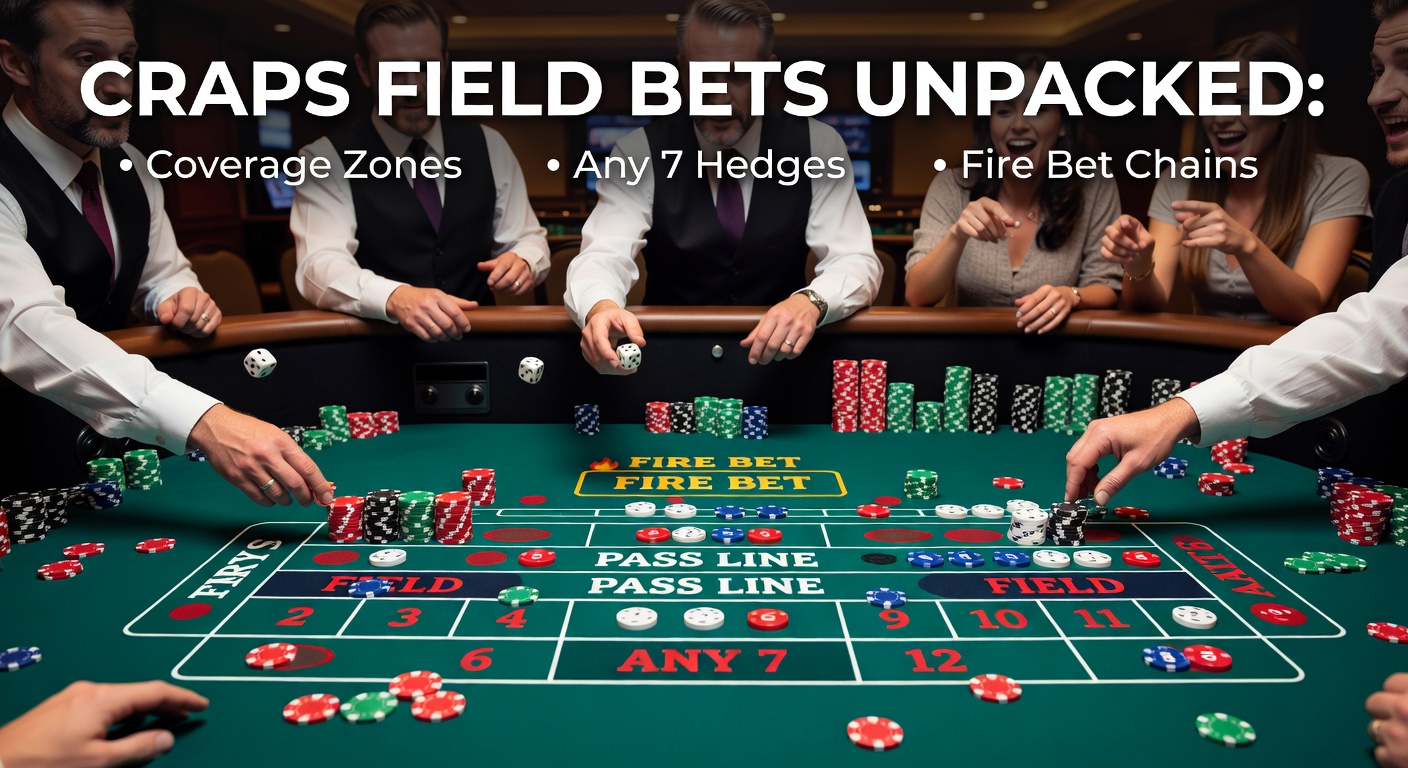 Dynamische craps-tafel met field bet-zone gemarkeerd en spelers in volle actie tijdens een spannende worp