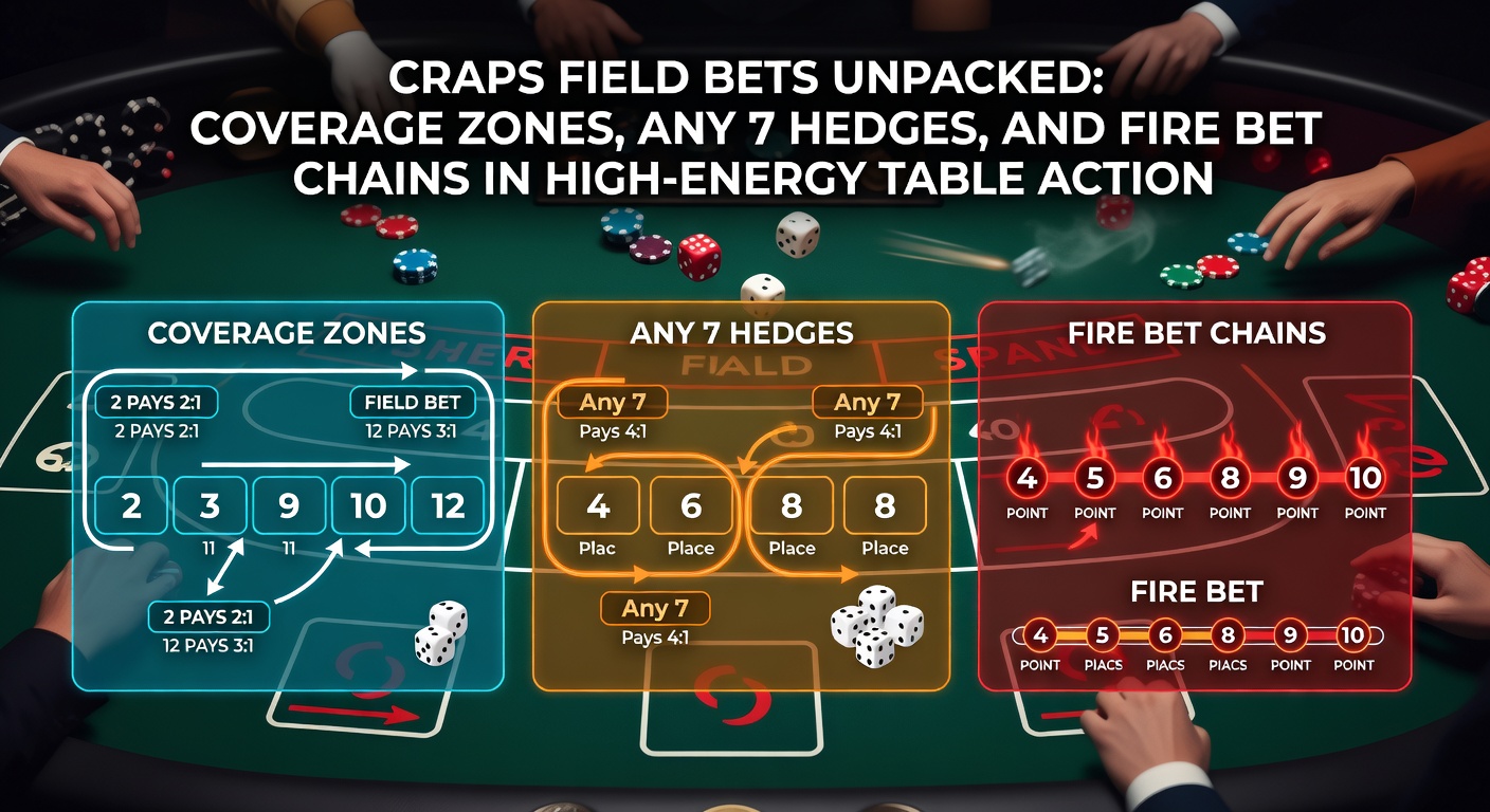 Close-up van craps-fire bet tracker met keten van points en any 7 hedge in actie op een bruisende tafel