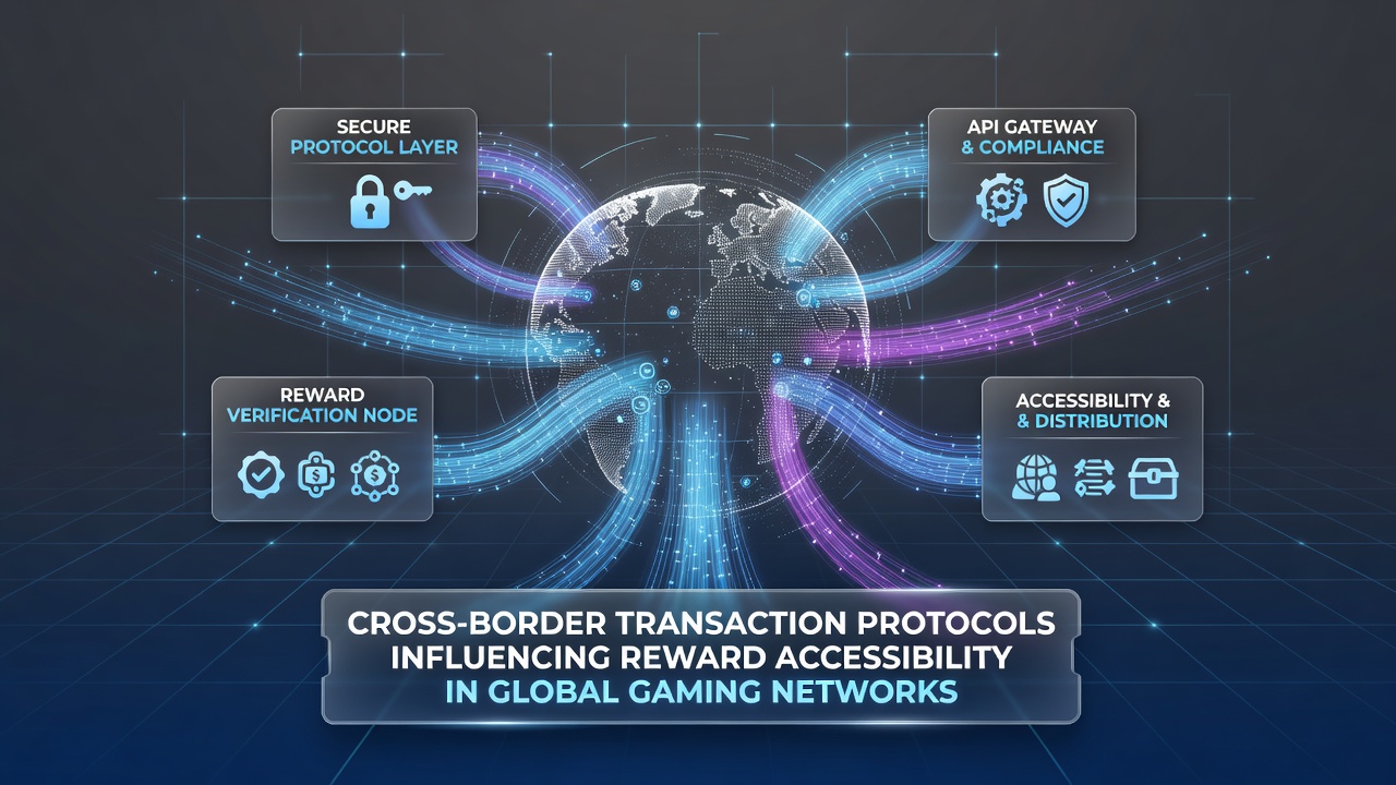 Illustratie van grensoverschrijdende transactieprotocollen die data stromen verbinden in gaming netwerken