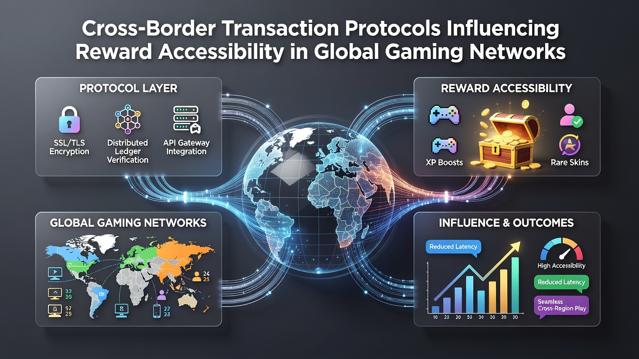 Diagram van wereldwijde gamingnetwerken met verbonden transactieprotocollen en beloningsstromen