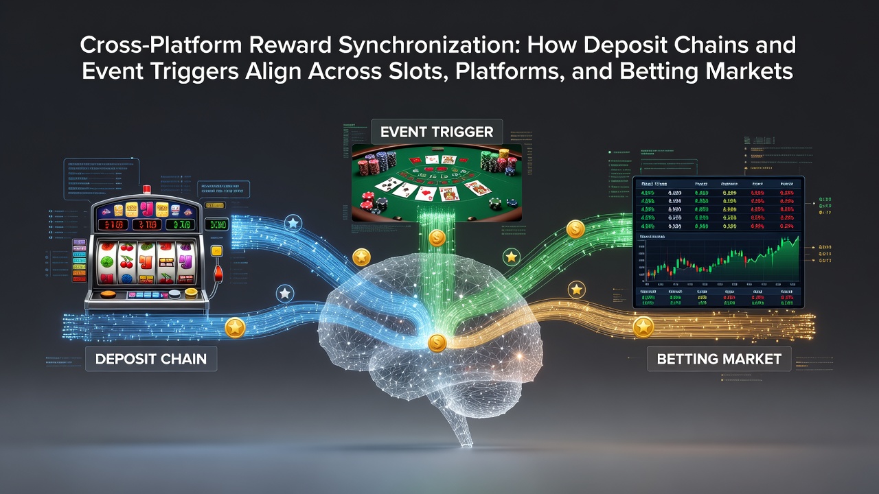 Diagram dat depositketens en eventtriggers toont die beloningen synchroniseren tussen slots, tafels en sportmarkten