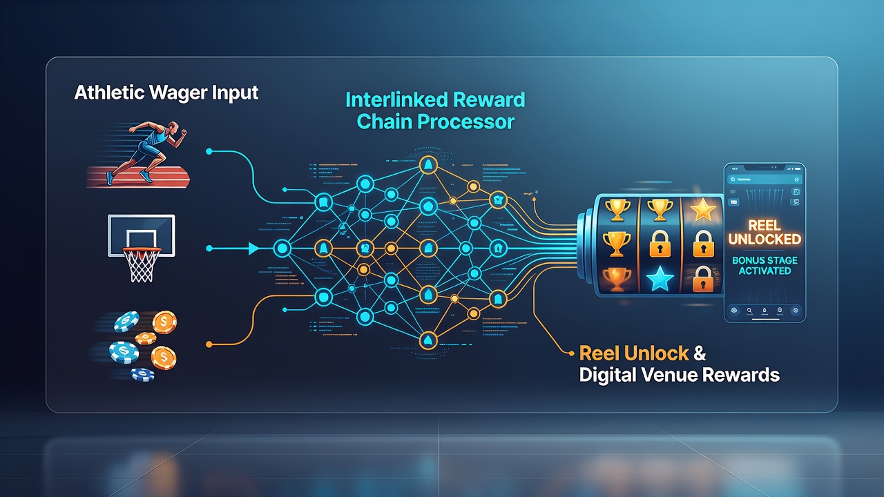 Diagram van reward chain mechanisme dat atletische wagers linkt aan digitale reel unlocks