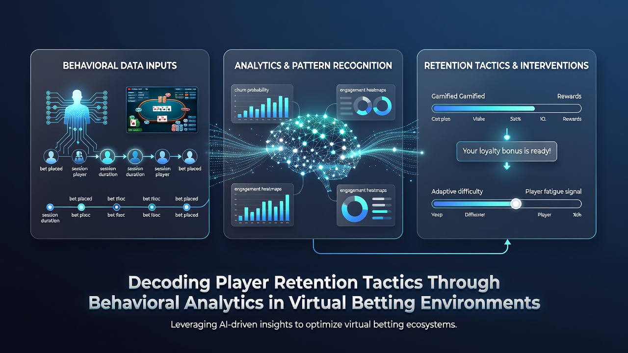 Analytics dashboard met retentiecijfers en spelersegmentatie in virtuele gokomgevingen