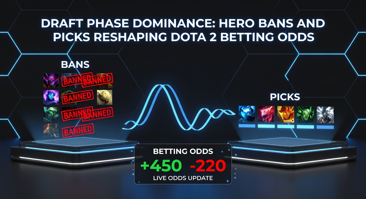 Een intense draftfase tijdens een professioneel Dota 2-toernooi, waar teams hero-bans en picks strategisch inzetten om odds te verschuiven