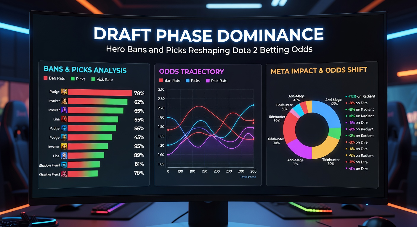 Bookmakerschermen met live odds die veranderen tijdens een Dota 2 draftfase, hero icons zichtbaar op de achtergrond