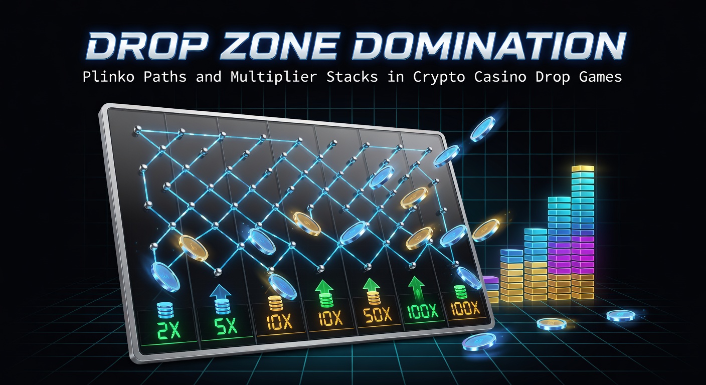 Plinko-bord met vallende bal die multiplier-paden volgt in een crypto casino drop game, met neonverlichte drop zones en stapelende vermenigvuldigers zichtbaar