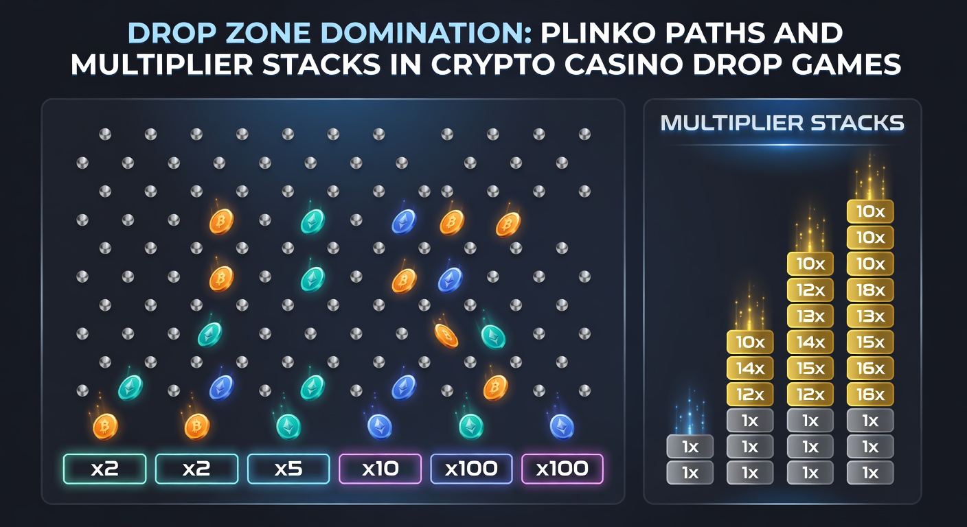 Close-up van multiplier-stacks in een drop game, met vallende tokens die multipliers van x10 tot x1000 activeren en zich opstapelen voor mega-winsten op een crypto casino interface