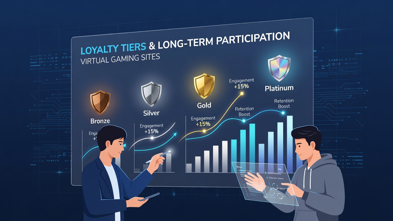 Overzicht van loyaliteitstiers in online gaming sites met visuele weergave van beloningsniveaus en deelnamepatronen