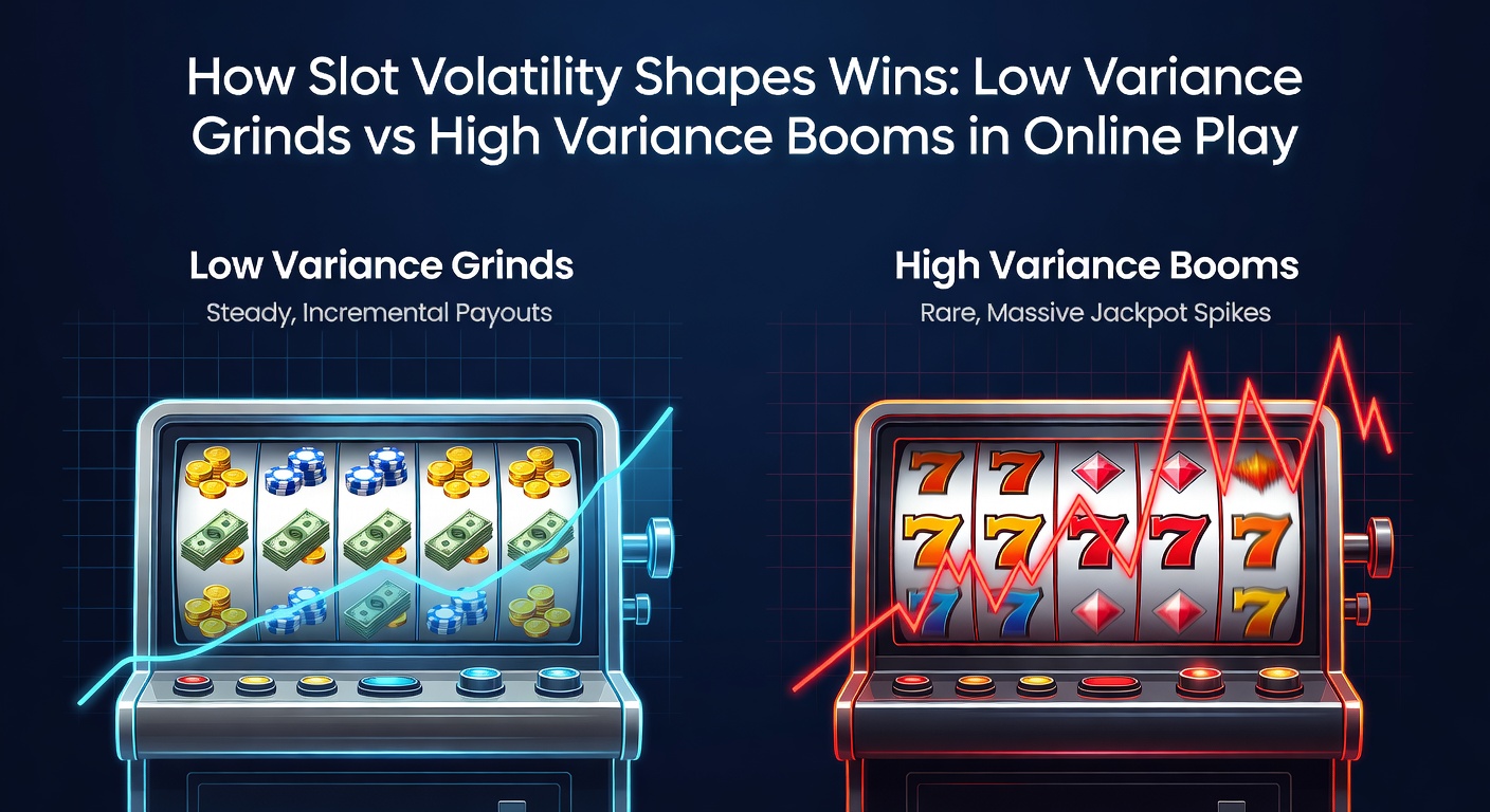Grafiek die de frequentie en grootte van uitbetalingen vergelijkt bij lage en hoge volatiliteit in slots