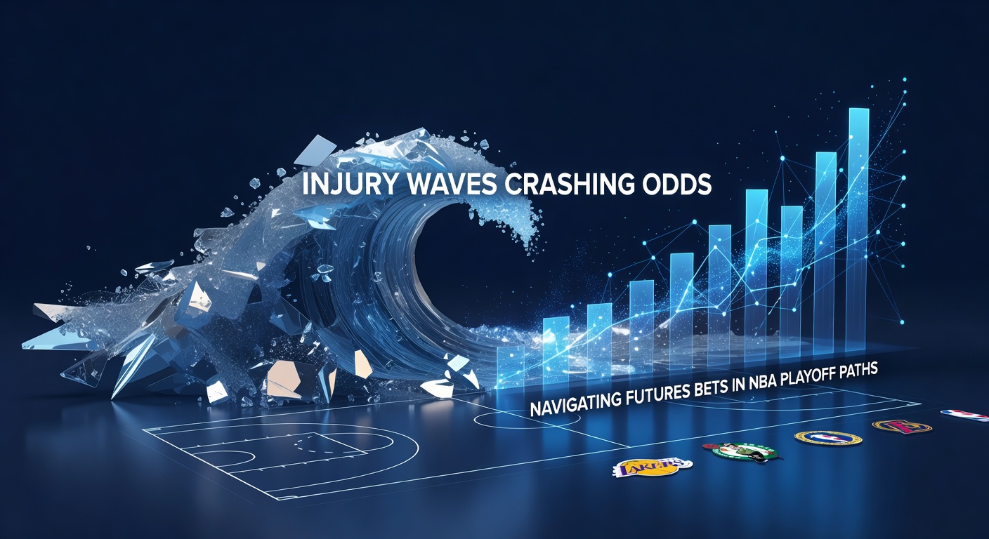 Grafiek met schommelende NBA futures odds na een serie blessures, met playoff bracket op de achtergrond