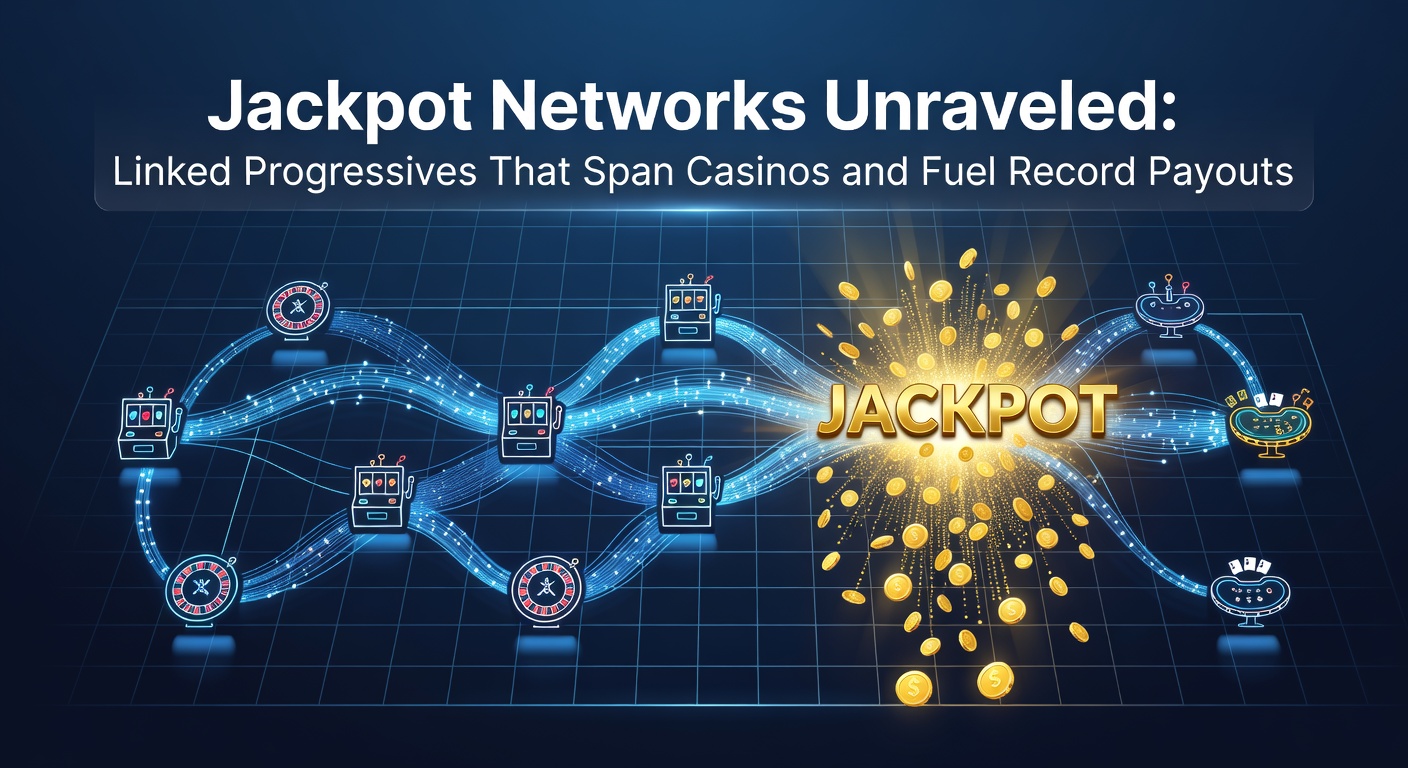 Schermafbeelding van een bruisend jackpot-netwerk met meters die exploderen van opbouwende prijzen over meerdere casino's heen