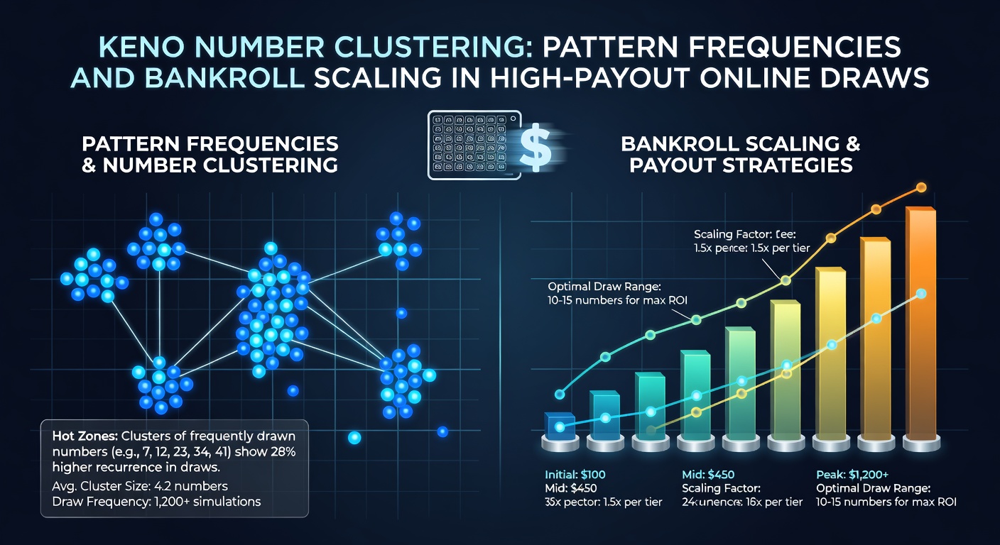 Voorbeeld van een Keno-kaart met gemarkeerde bankrollschalingsstrategieën en frequentiehittekaarten voor high-payout online draws