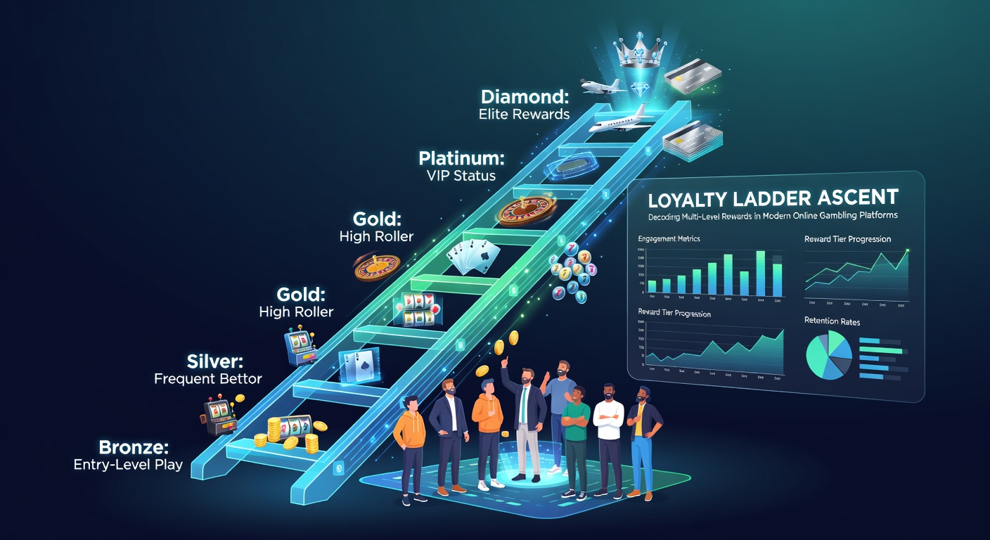 Grafische weergave van een loyaliteitsladder met niveaus van brons tot diamant in een online casino-interface, inclusief punten en beloningen
