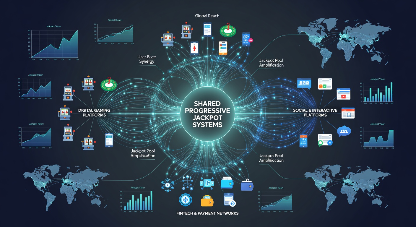 Kaart die interconnecties toont tussen globale digitale platforms in progressieve jackpot netwerken