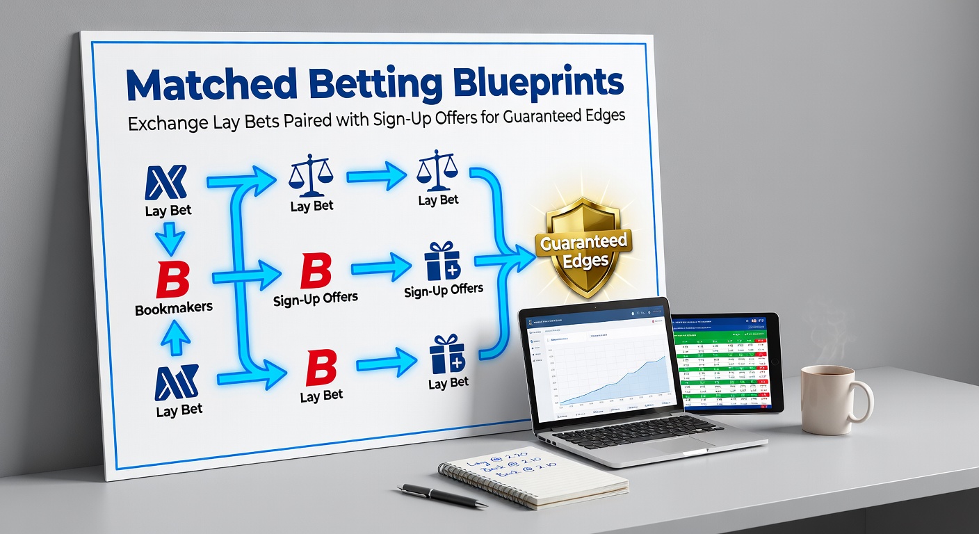 Grafische weergave van een matched betting setup met back- en lay-weddenschappen op een exchange en een bookmakersite