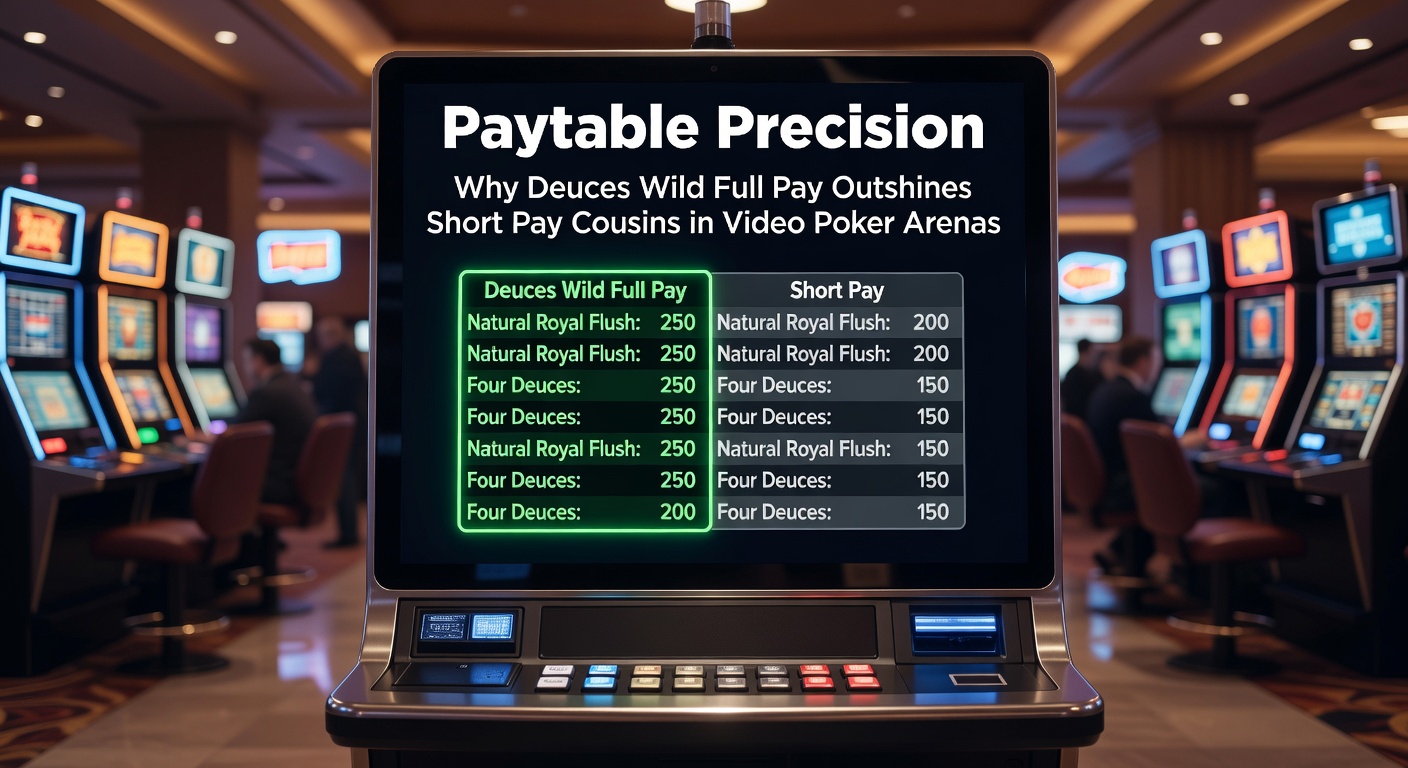 Scherm van een Deuces Wild video poker machine met full pay uitbetalingstabel, wild cards en royal flush jackpot in de spotlight