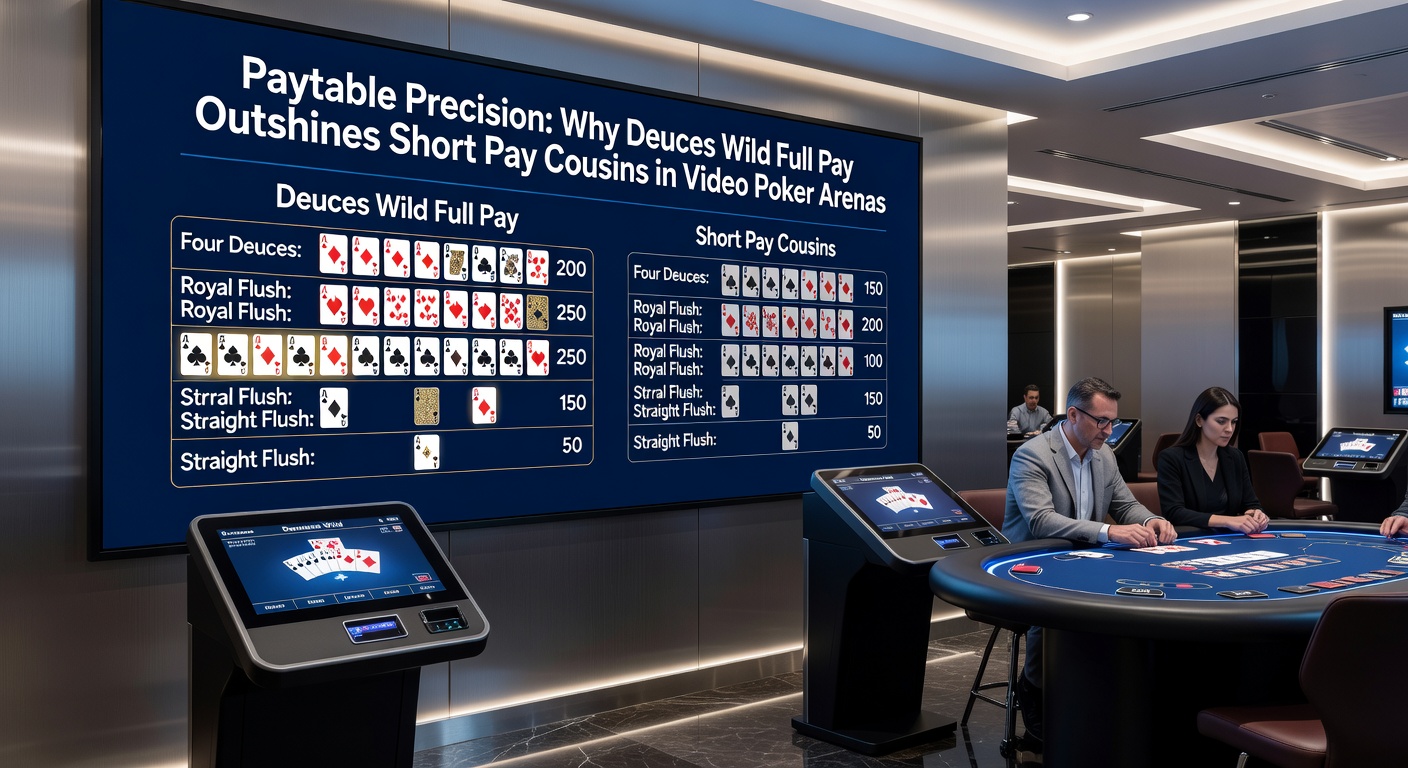 Vergelijkende paytables van full pay en short pay Deuces Wild, met grafieken van RTP verschillen en uitbetalingspercentages