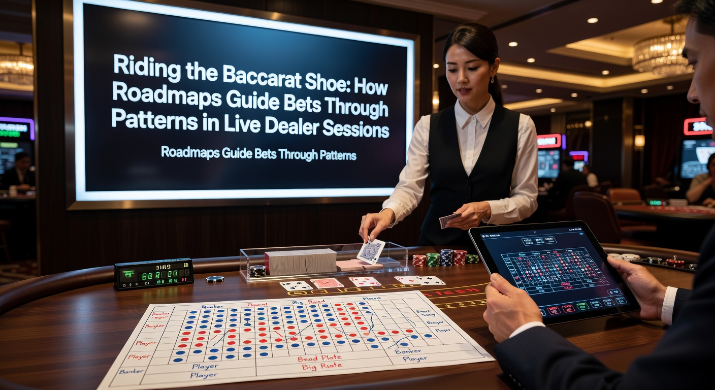 Een live dealer die kaarten schudt in een baccarat spel met een roadmap op het scherm zichtbaar