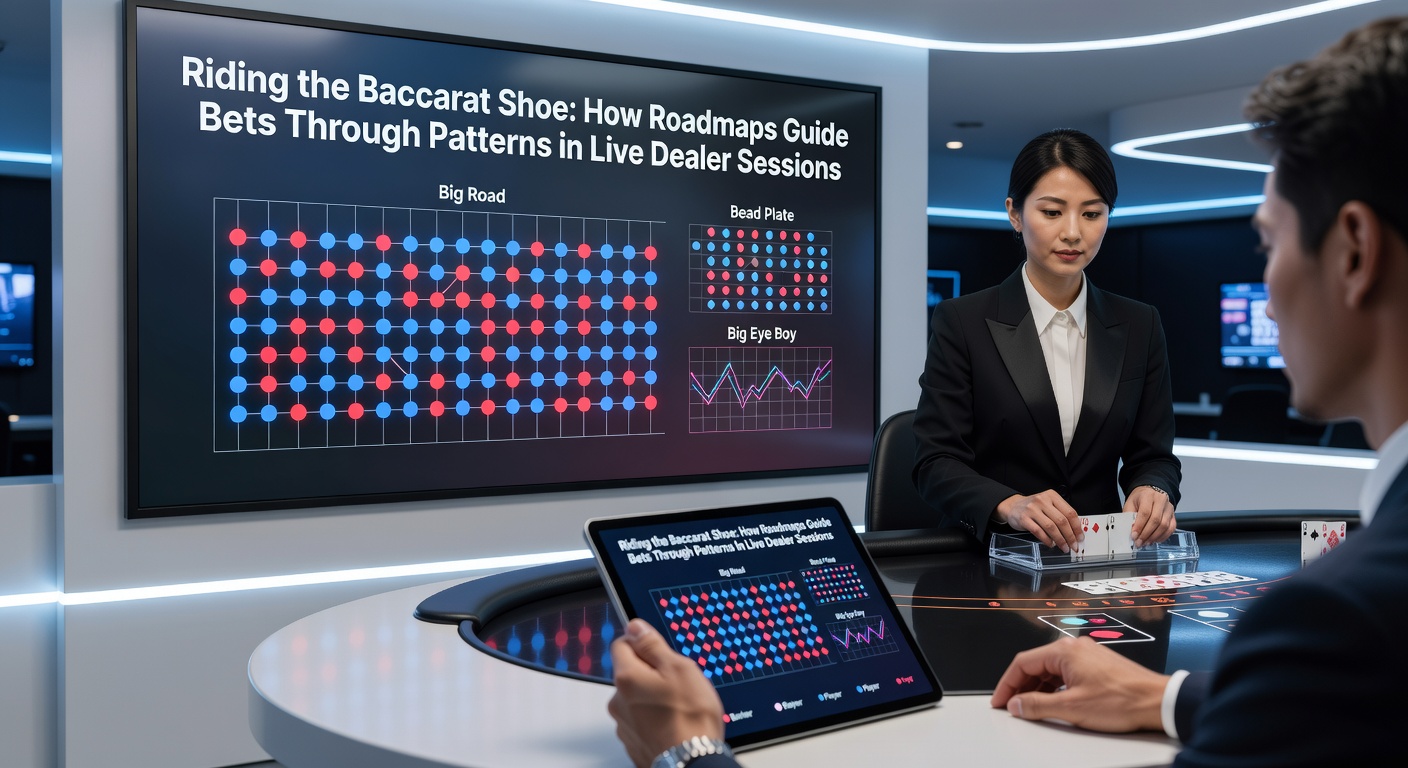 Een gedetailleerde baccarat roadmap met Big Road, Bead Plate en patronen zoals streaks en chops zichtbaar op een live dealer scherm