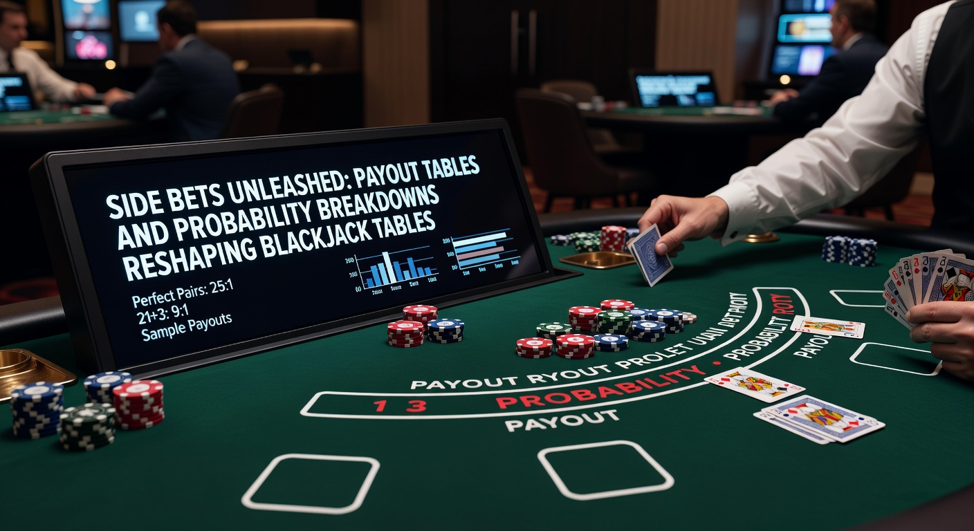 Blackjacktafel met side bets opties verlicht, spelers plaatsen extra inzetten naast de hoofdhand