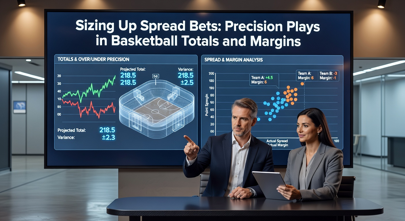 Dynamische basketbalactie met spelers die vechten om de bal onder het bord met spread- en totalodds zichtbaar