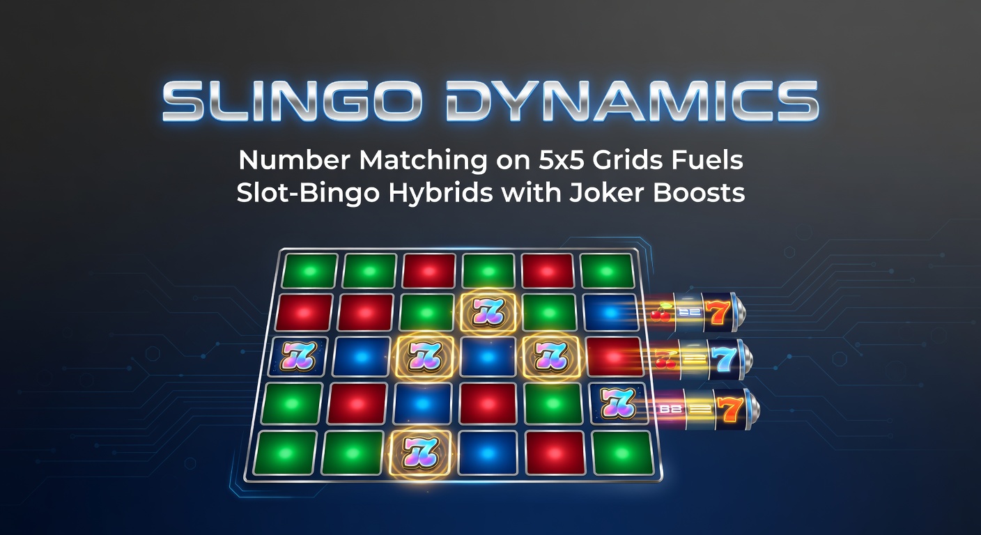 Slingo 5x5 grid met draaiende reels en joker symbolen die matches activeren in een dynamische slot-bingo hybride