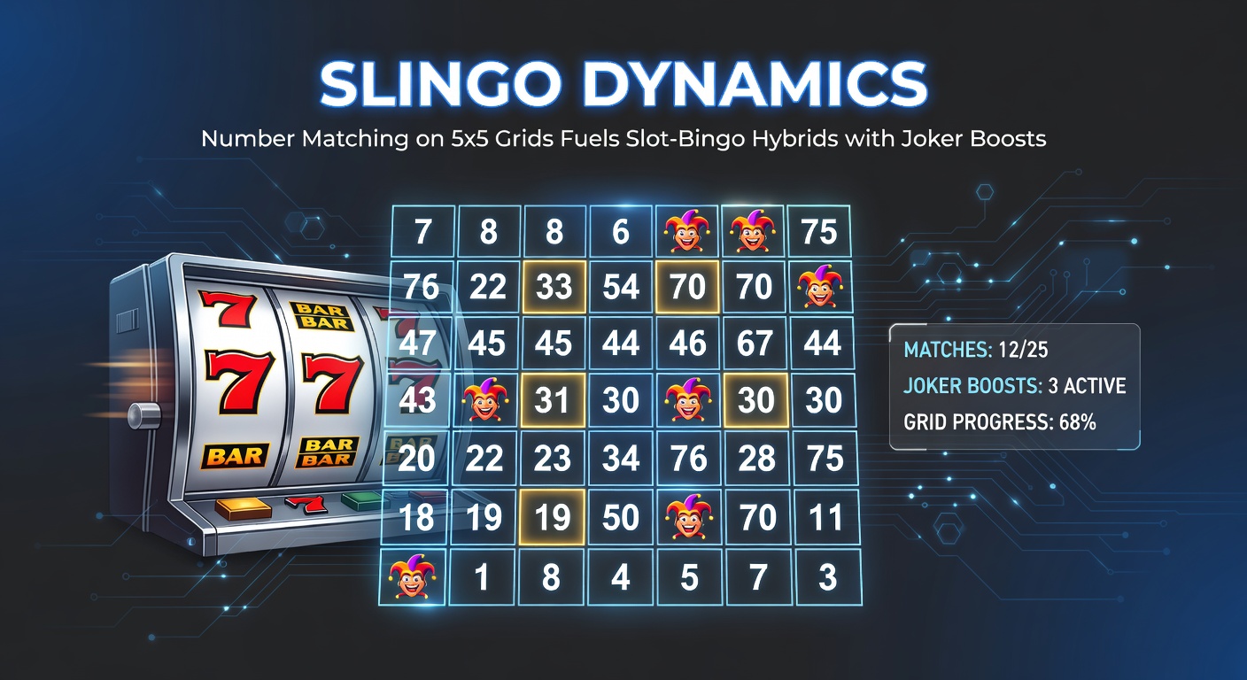 Dynamische Slingo-interface met joker-boosts die een volledige lijn completeren en multipliers activeren op een bruisend 5x5-grid