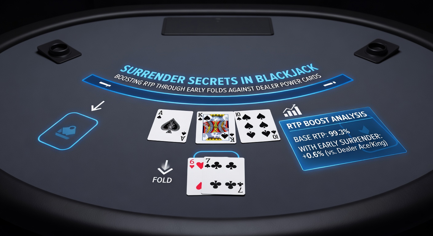 Strategiekaart voor blackjack surrender, met markeringen voor ace en tien upcards, RTP-cijfers en optimale speelbeslissingen