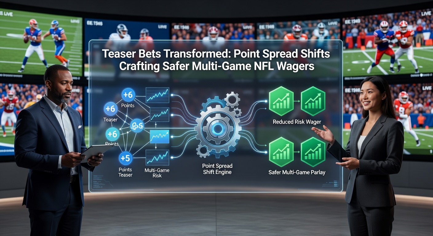 Grafiek met voorbeeld van een teaser bet in NFL, waar point spreads worden verschoven voor meerdere wedstrijden