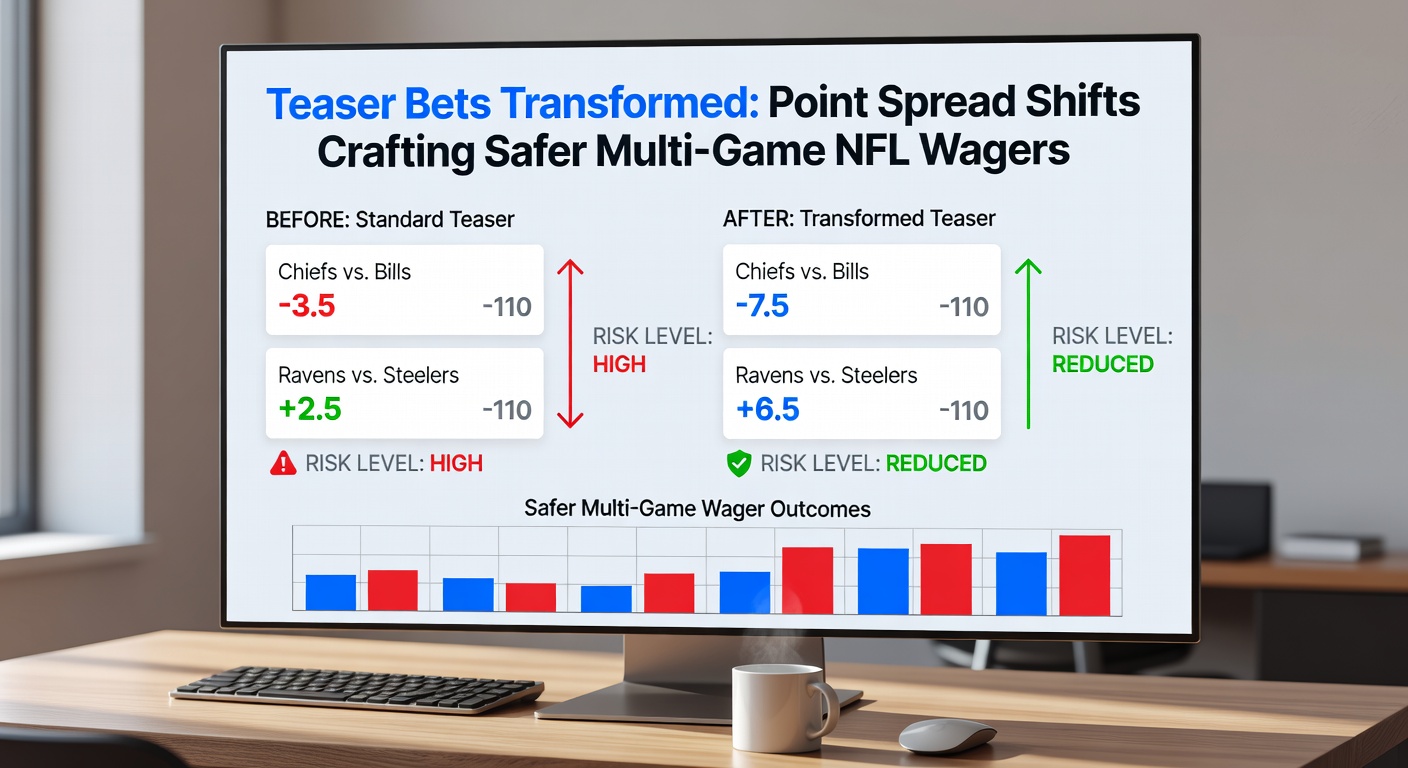 Voorbeeldscherm van een bookmaker-app met een multi-leg NFL teaser bet, spreads verschoven en odds berekend