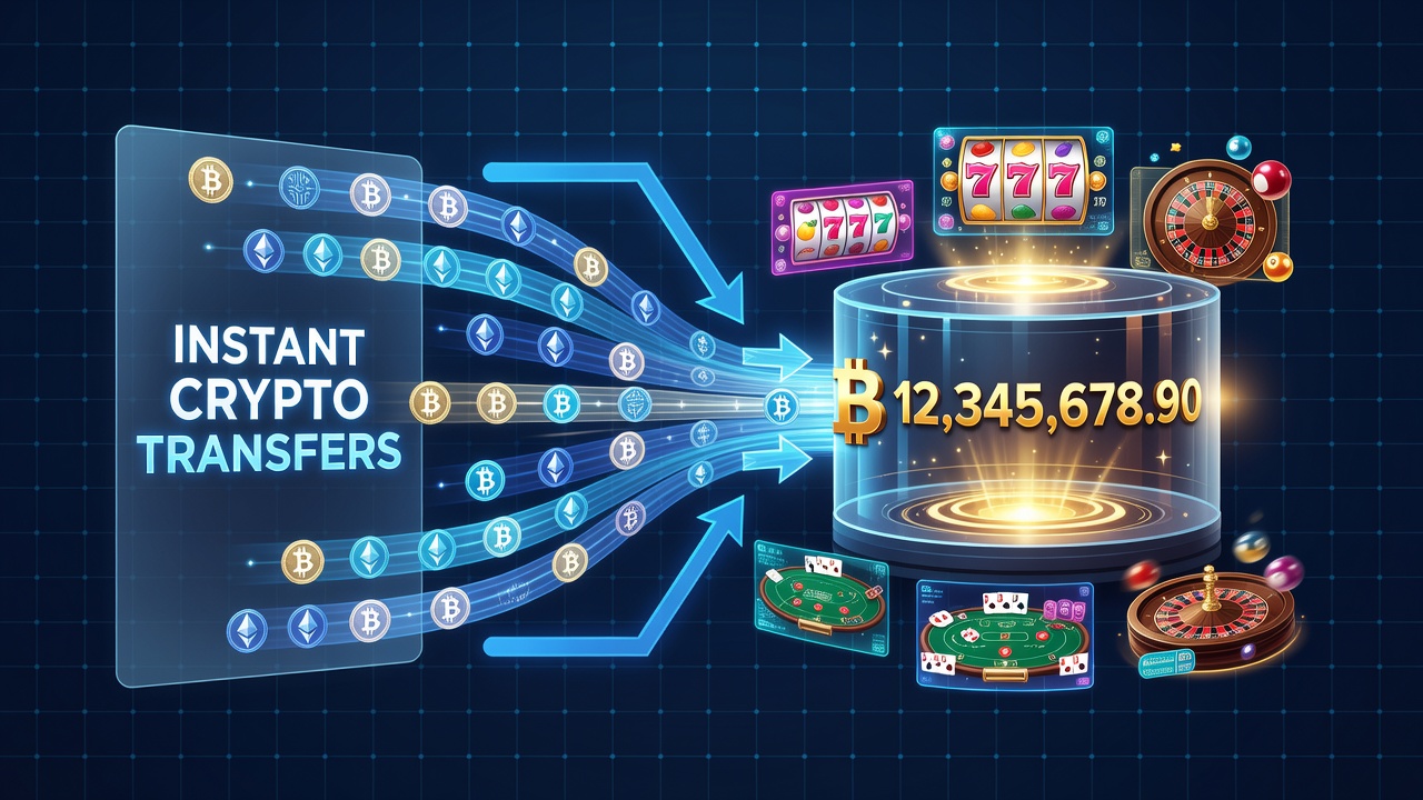 Illustratie van crypto-overdrachten die verbonden zijn met jackpot-systemen in online casino platforms