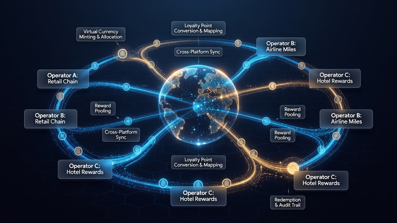 Schermafbeelding van een multi-operator loyaliteitsdashboard met virtuele valuta