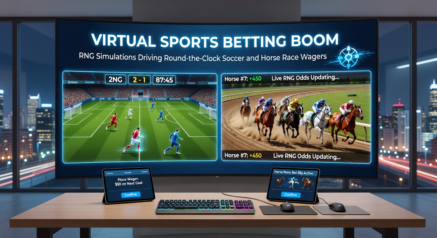 Spannende virtuele paardenrace met galopperende paarden over een digitaal circuit richting de finish