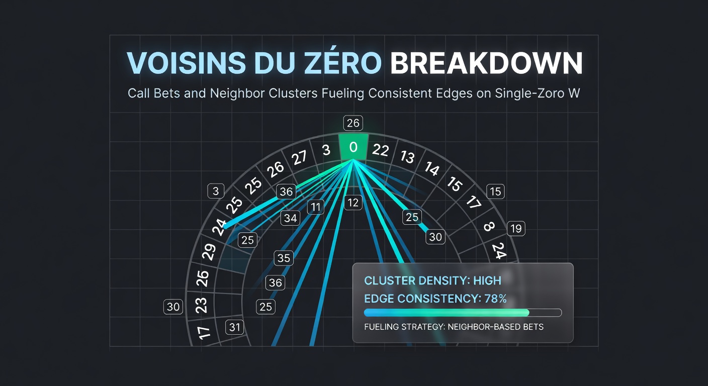 Close-up van roulette racetrack met neighbor bets gemarkeerd rond Voisins du Zéro sector, illustrerend clusters van 5 nummers