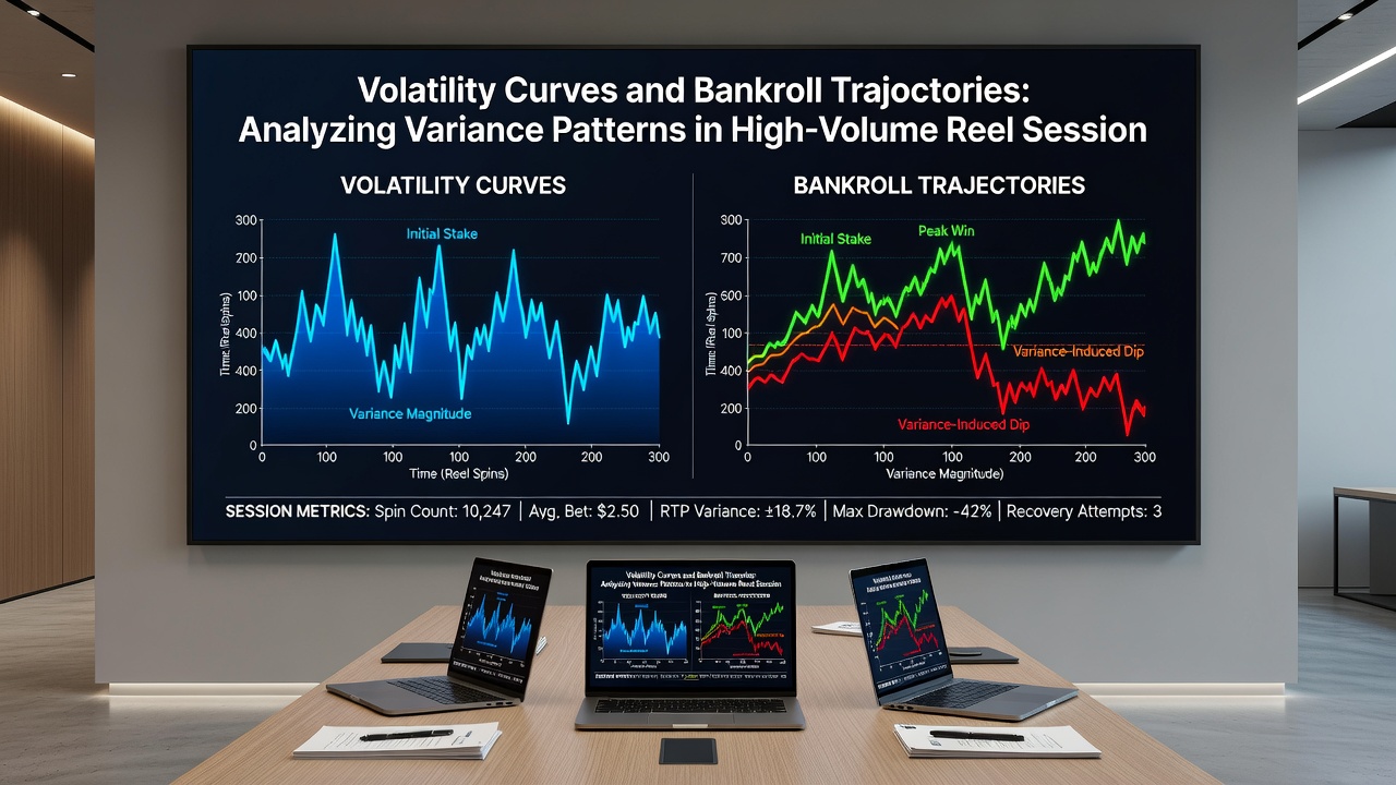 Voorbeeld van bankrolltrajecten met variërende volatiliteitscurves in high-volume reel sessies