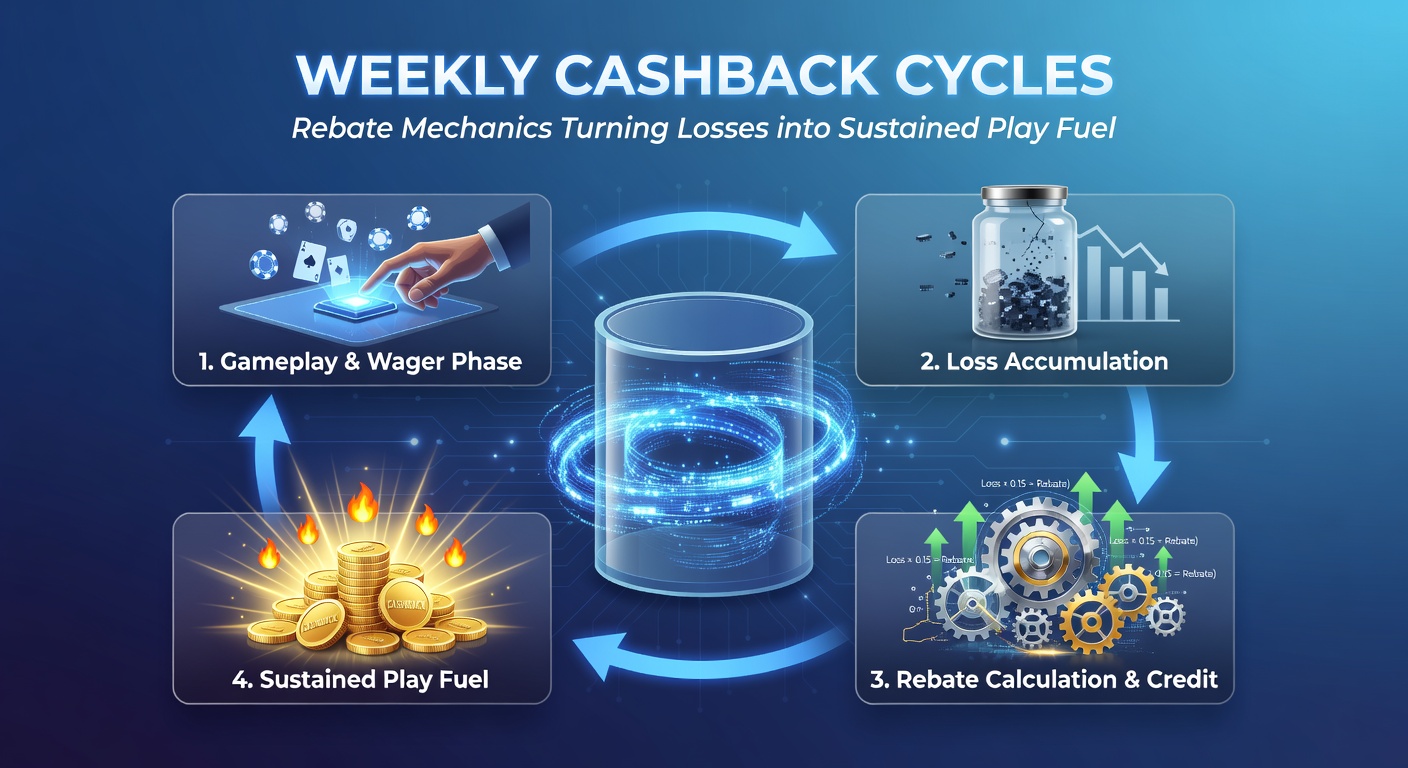 Visualisatie van een speler die cashback ontvangt, met grafieken van verliezen die omzetten in nieuwe inzetten